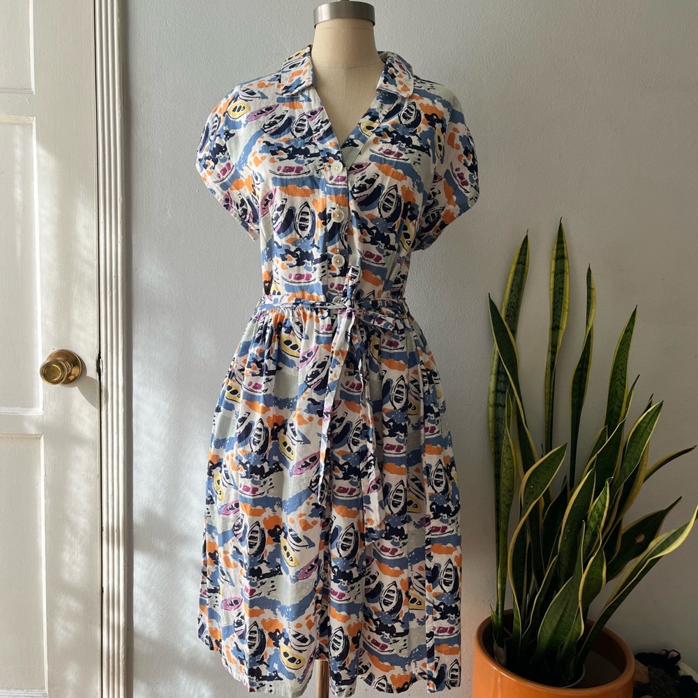 Boden• Retro Rowboats Cotton Linen Belted Fit & Flare Shirt Dress•Size 10 - Picture 16 of 16